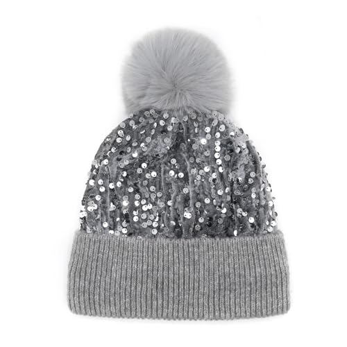 Women Sparkly Sequins Knitted Beanie Hat Warm Winter Skull Cap with Faux Fur Pom Pom - color: X Grey With Knit Cuffs