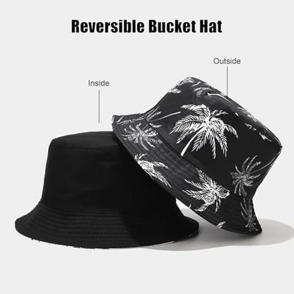 Bucket Hat for Women Men, Cotton Reversible Double Side Wear Sun Hats Beach Fisherman Hat - color: Black Coconut Tree
