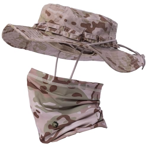 Camo Boonie Sun Hat with Face Mask UV Protection Fishing Hat Bucket Hat for Hunting Hiking Military Tactical Safari - color: Camo Cp Desert