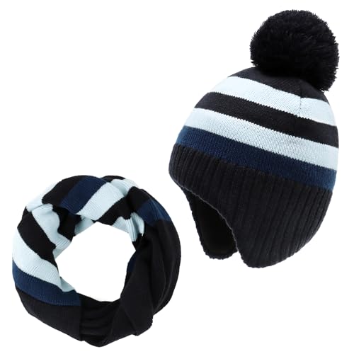 Duoyeree Kids Beanie Dinosaur Pom Pom Knit Winter Hat Fleece Lined for 1-7T - color: Blue Stripes Set, size: 2-4T