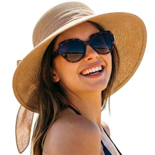 DRESHOW Sun Hats for Women Summer Wide Brim Beach Straw Hat Bowknot Bucket Hats Foldable Floppy Beach Sun Hat UPF 50+ - color: 1 Pack Bowknot Ribbon Hat: Khaki