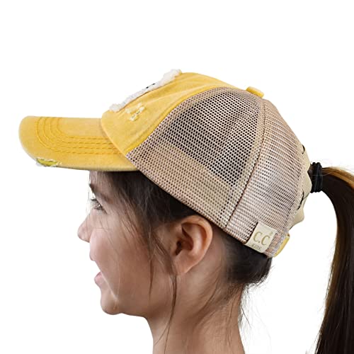 C.C. Childrens' Kids' Girls' Criss Cross High Bun Adjustable Mesh Trucker Baseball Cap - color: Bee Happy, Yellow