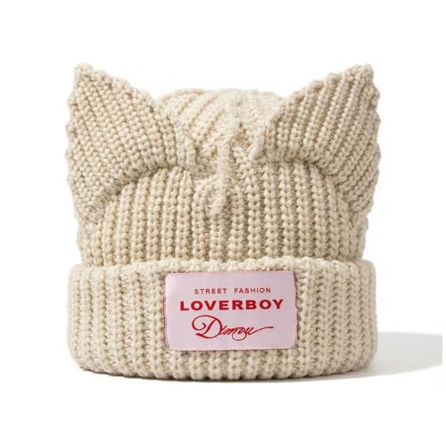 Cat Ear Beanie Y2K Cute Knit Hat with Ears Warm Crochet Hat Skull Cap for Women Men - color: Beige