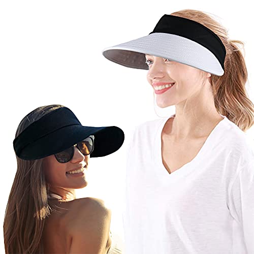 2PCS Wide Brim Sun Visor Hat Women Large UV Protective Golf Beach Cap, Korea Design - color: 1black+1mixed