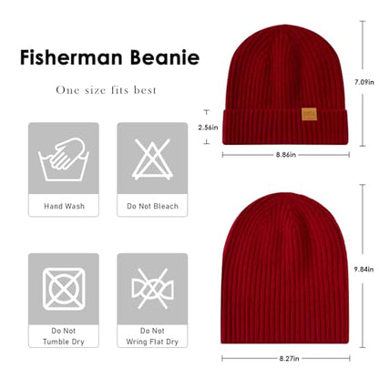 100% Merino Wool Fisherman Beanie Hat, Unisex Warm Winter Hats, Soft Breathable Knitted Short Cuffed Cap - color: Deep Red