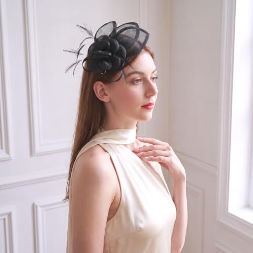 Sinamay Fascinator Hat Headband Clip for Women Tea Party - color: Black-01
