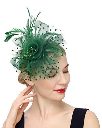Fascinators Hat for Women Tea Party Headband Kentucky Derby Wedding Flower Cocktail Mesh Feathers Hair Clip - color: 1-green