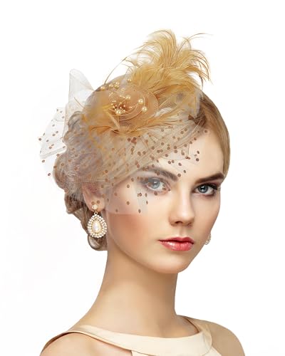 Zinniday Victoria Fascinators Hats for Women - 2026 Kentucky Feather Mesh Derby Hat 1920s Tea Party Headwear for Church - color: Yellow