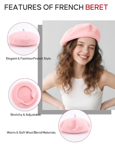 French Beret Hats for Women - Wool Solid Color Beanie Cap - color: Pink