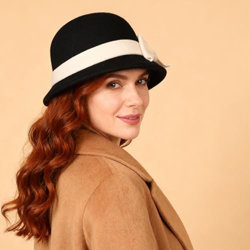Women Solid Color 100% Wool Winter Hat Women Cloche Bucket Bowler with Bowknot - color: Black With Cream Bow