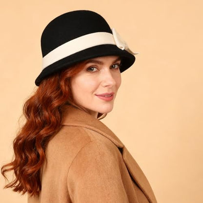 Women Solid Color 100% Wool Winter Hat Women Cloche Bucket Bowler with Bowknot - color: Black With Cream Bow
