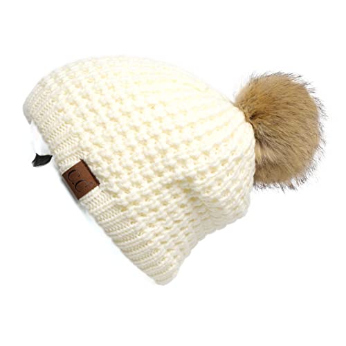 C.C Hatsandscarf Exclusives Unisex Solid Ribbed Beanie with Pom (HAT-43) - color: A Waffle Stitch Pattern-ivory
