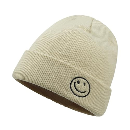 CLAPE Beanie Hat for Men, Cute Embroidery Smiley Face Winter Hat Women Outdoor Ski Snowboarding Knit Cuffed Fisherman Beanie - color: Kh27-beige
