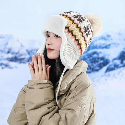 Women Winter Beanie Hat Thick Fleece Lined Warm Earflap Trapper Hat Pom Pom Jacquard Knited Outdoor Ski Snow Cap - color: Style 2-beige