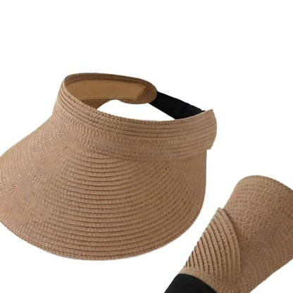 Women Foldable Straw Sun Visor, Packable Rollable Wide Brim Beach Hat, Adjustable Summer Visor for Travel Beach Golf - color: Khaki