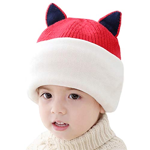 Toddler Winter Hat Baby Balaclava 2 in 1,Fleece Lined Knitted Beanie with Face Mask, Ear Flaps & Pom Pom for Boys Girls - color: Cat-red