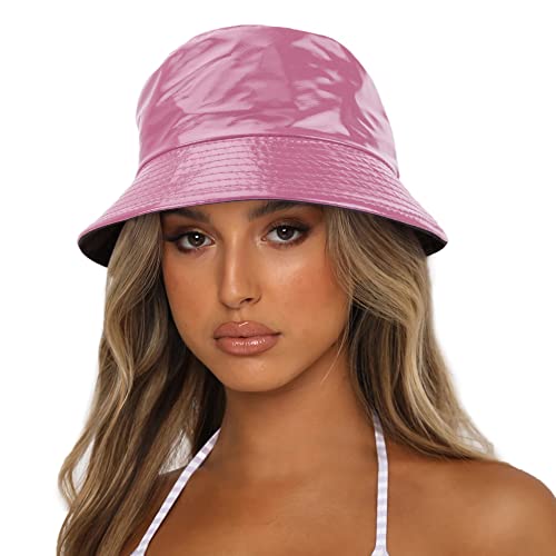 Reversible PU Leather Bucket Hats for Women Solid Color Double Wear Summer Hat Unisex - color: Taffy Pink