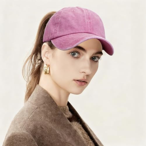 Women Washed Baseball Cap Vintage Blank Hat with Ponytail Hole - color: Pink