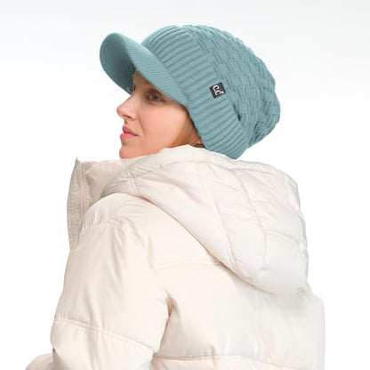 C.C Fuzzy Fleece Lined Warm Oversized Chunky Soft Stretchy Oversized Two Way Ribbed Slouchy Knit Hat with Visor Brim - color: Winter Mint