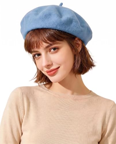 French Beret Hats for Women Men - Classic Wool Beanie Winter Cap - color: Sky Blue