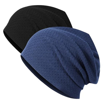 2 Pack Spring Slouchy Beanie for Men Women Lightweight Stacked Skull Cap Chemo Cap Night Sleeping Hat - color: Black+blue