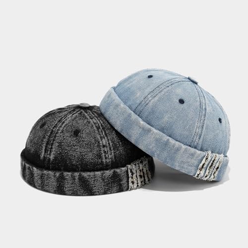 Unisex Washed Denim Distressed Rolled Cuff Brimless Docker Cap - color: Black