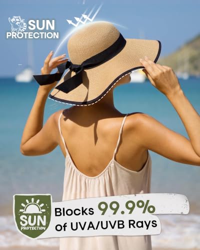 FURTALK Womens Sun Straw Hat Wide Brim Floppy Summer Beach Hats for Women - color: Khaki With Black Brim, size: Large-X-Large