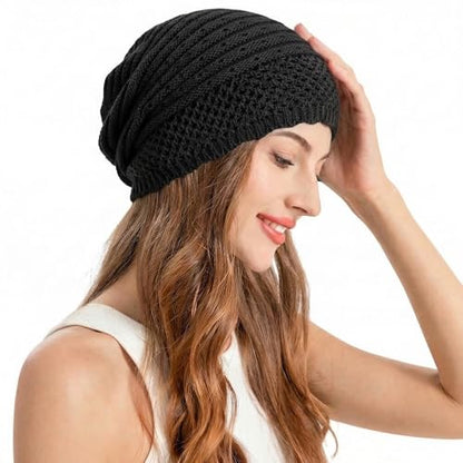 ZLYC Crochet Slouchy Beanie for Women Soft Lightweight Skull Cap - color: Plain Black