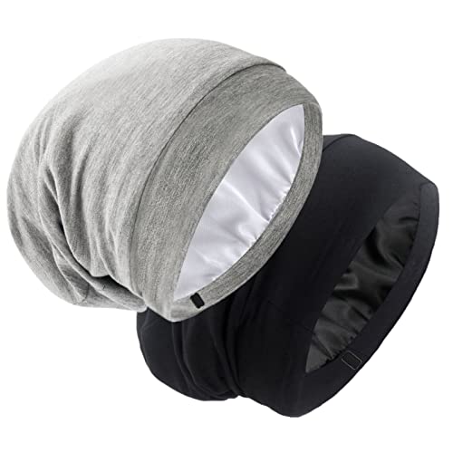 Silk Satin Lined Bonnet Sleep Cap - Adjustable Stay on All Night Hair Wrap Cover Slouchy Beanie for Curly Hair Protection for Women and Men - Black & Light Grey - color: Black & Light Grey, size: One Size