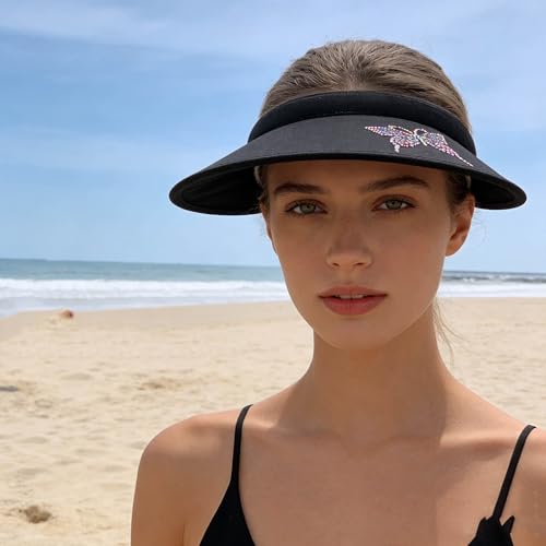 3 Pack Sun Visor Hat Women Shiny Rhinestones Bling Clip On Visors - color: Hd-white, Black, Khaki
