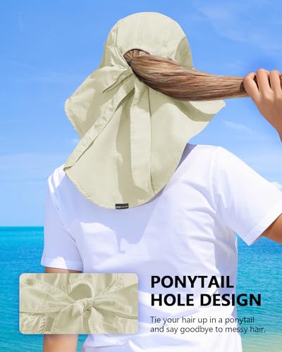 Womens Sun Hat Outdoor UV Protection Wide Brim Fishing Hat with Ponytail Hole Neck Flap for Beach Hiking Camping - color: Beige