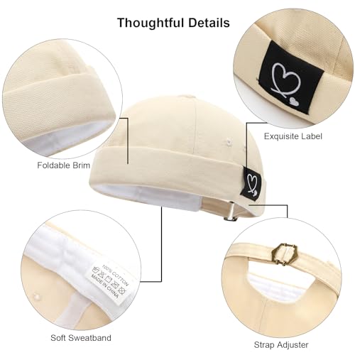 Mens Docker Cap Brimless Skullcap Sailor Cap Rolled Cuff Retro Beanie Hat - color: Double Heart Beige