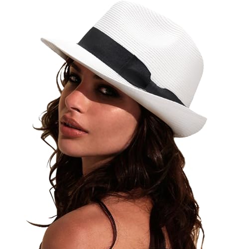 AQOKKA Summer Straw Fedora Hat for Women Men Travel Panama Hat with Wide Brim Roll Up Sun Hat for Beach Outdoor UPF 50+ - color: Rolled Straw Hat: : White With Black Band