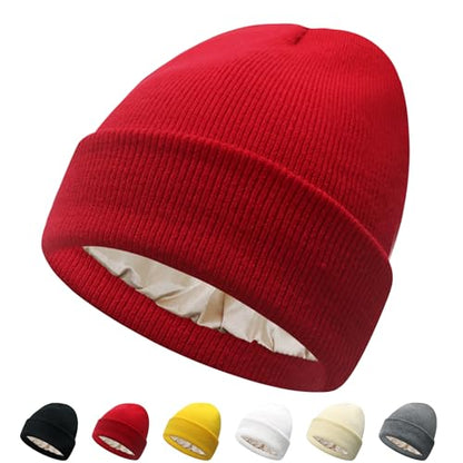 PFFY Satin Lined Beanie for Women Winter Hats Warm Reduce Frizz - color: Red