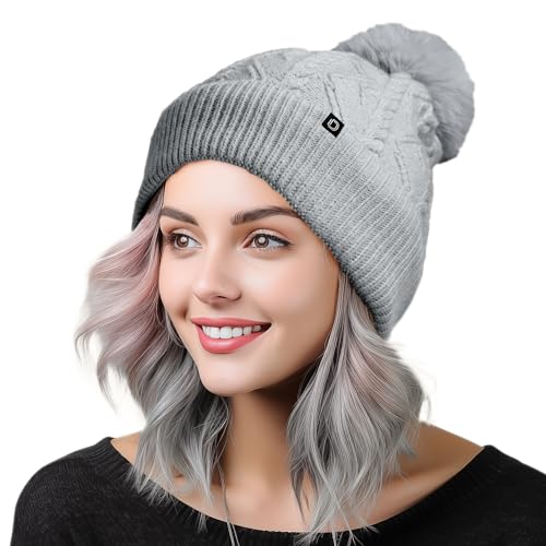 DALIX Cable Knit Pom Beanie Soft Stretch Skully Warm Fuzzy Faux Sherpa Winter Ski Beanie - color: Gray