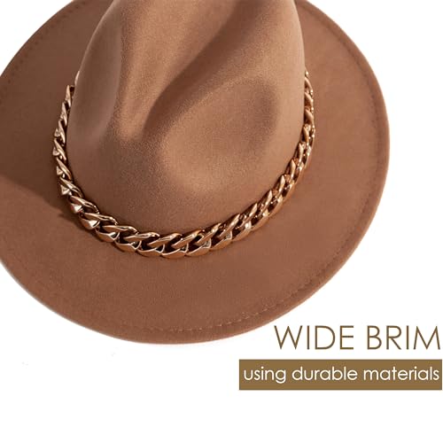 Men & Women Wide Brim Fedora Hat with Chain Buckle - color: Chain Belt-khaki