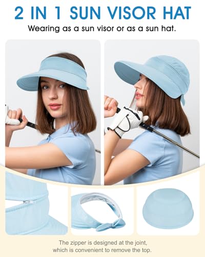 Century Star Sun Hat for Women Wide Brim Zip-Off Beach Hat Visor Ponytail UV Protection Summer Visors - color: Blue