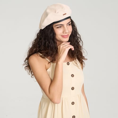 Cotton French Beret Hat for Men Women, Military Style Beret Cap with Leather Label & Drawstring, Casual Beanie - color: Khaki