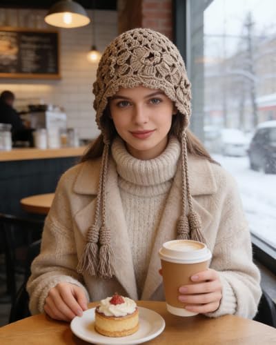MINGSEECESS Women Girls Knitted Beanie Hat Crochet Braided Knit Warmer Cap Skiing Snowboarding Ear Flap Hats - color: Knitted-khaki