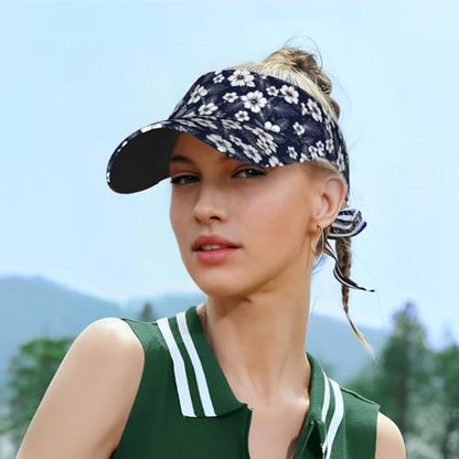 Unisex Sports Sun Visor Hats Adjustable Lightweight Packable Printed Empty Top Cap for Running Pickleball Golf Tennis - color: Navy Blue Hibiscus Flower