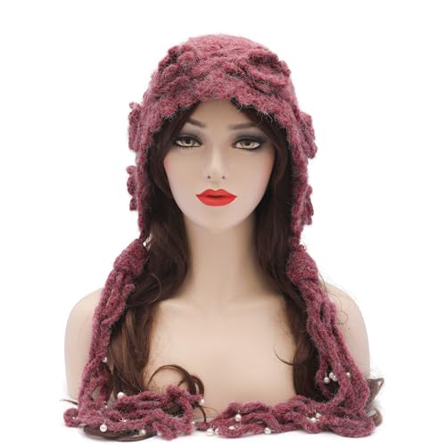 ZLYC Women Winter Crochet Knit Floral Beanie Hat - color: Tassels Raspberry, size: One Size