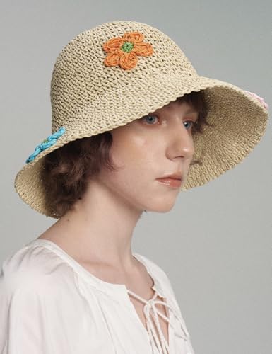 Women Straw Sun Hat Summer Beach Hats Foldable Floppy Cap Wide Brim Bucket Hat Solid Handmade Sun Protection Caps - color: Flora-beige