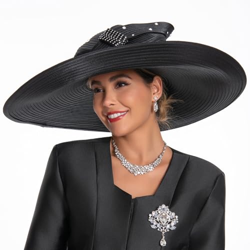 Women's Dramatic Giant Wide Brim Rhinestone Church Hat Statement Turban Fascinator for Wedding Chapel Baptist Sunday - color: 16-black