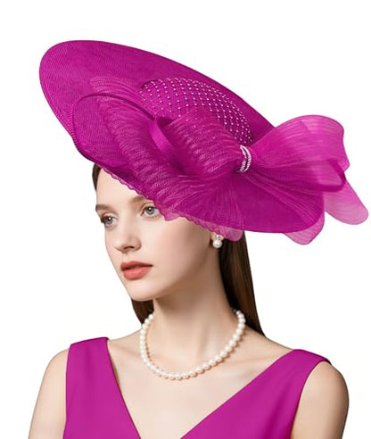 dressfan Wide Brim Fascinator Hats for Women,20s Linen Rhinestones Bow Big Hat for Derby Church Wedding Tea Party - color: Fushia
