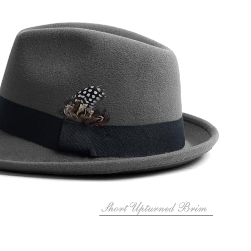 Short Brim Fedora Hat for Men Women Felt Trilby with Feather - color: Dark Grey