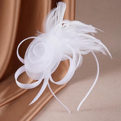 Zinniday Victorian Feather Fascinators Hats - 2025 Derby Attire Headwear with Hairpin,1920s Tea Party Hat for Woman - color: White