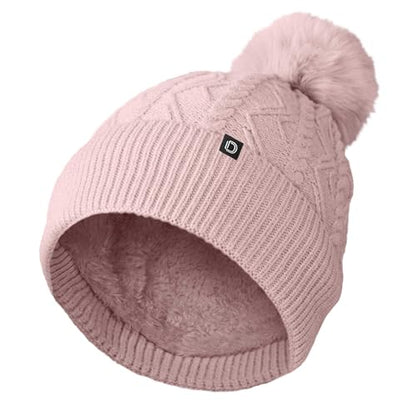 DALIX Cable Knit Pom Beanie Soft Stretch Skully Warm Fuzzy Faux Sherpa Winter Ski Beanie - color: Mauve