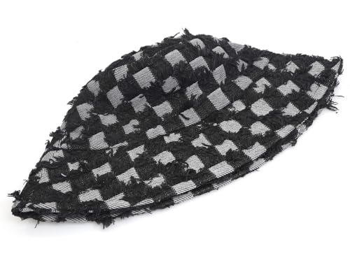 Women's Washed Cotton Bucket Hat Cowboy Checkerboard Fishermen Hat - color: Black