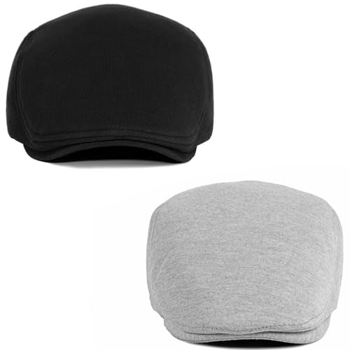 2 Pack Newsboy Cap for Men Women Flat Cap Beret Ivy Cabbie Hat - color: Black + Light Gray