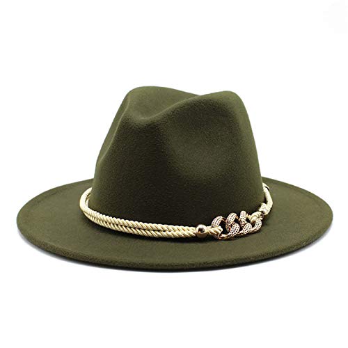 Lady Wide Brim Felt Fedora Panama Hat with Ring Belt - color: Military Green, size: Medium
